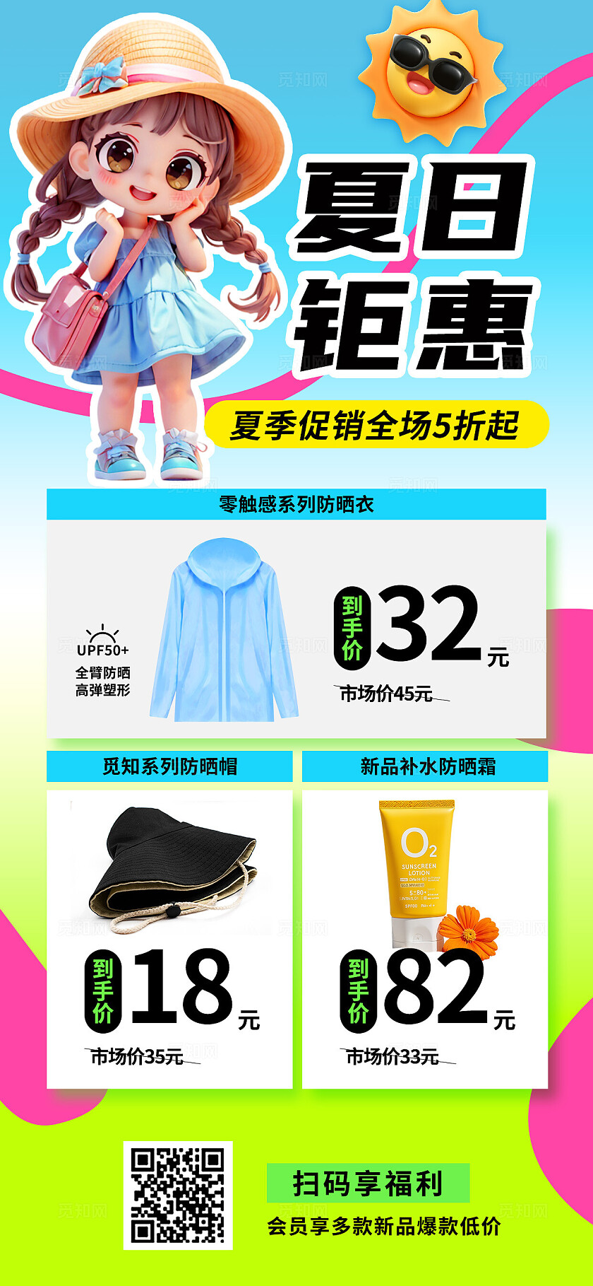 3D潮流卡通小清新夏季防晒电商促销优惠活动首页海报