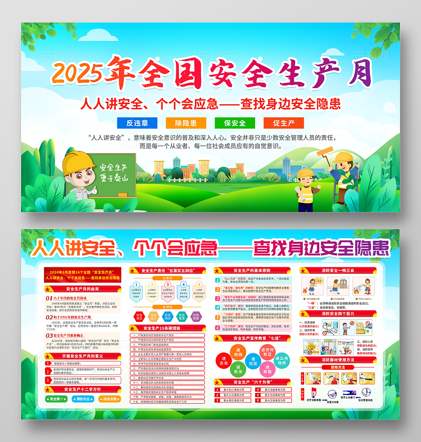 绿色清新简约风2025年全国安全生产月宣传栏展板设计模板