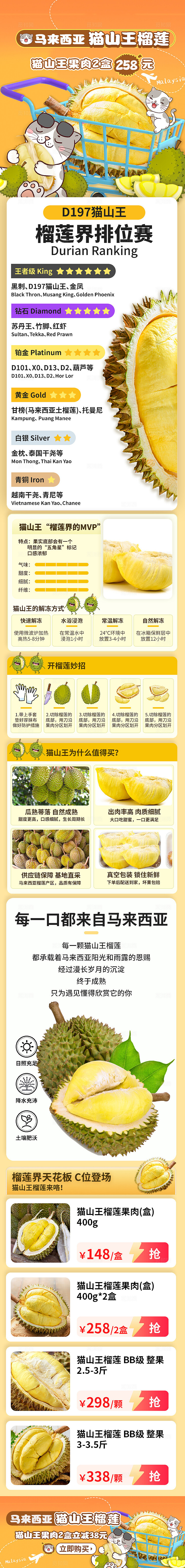 黄色可爱食品长图电商详情页水果榴莲宣传长图文章长图