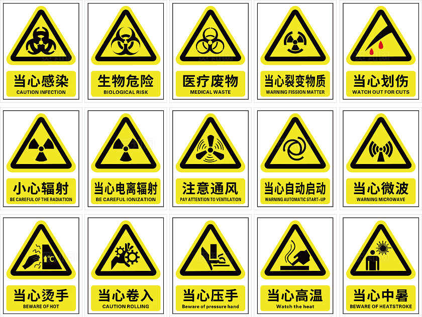 医院标识牌警示牌平面设计当心感染医疗废物小心辐射当心微波