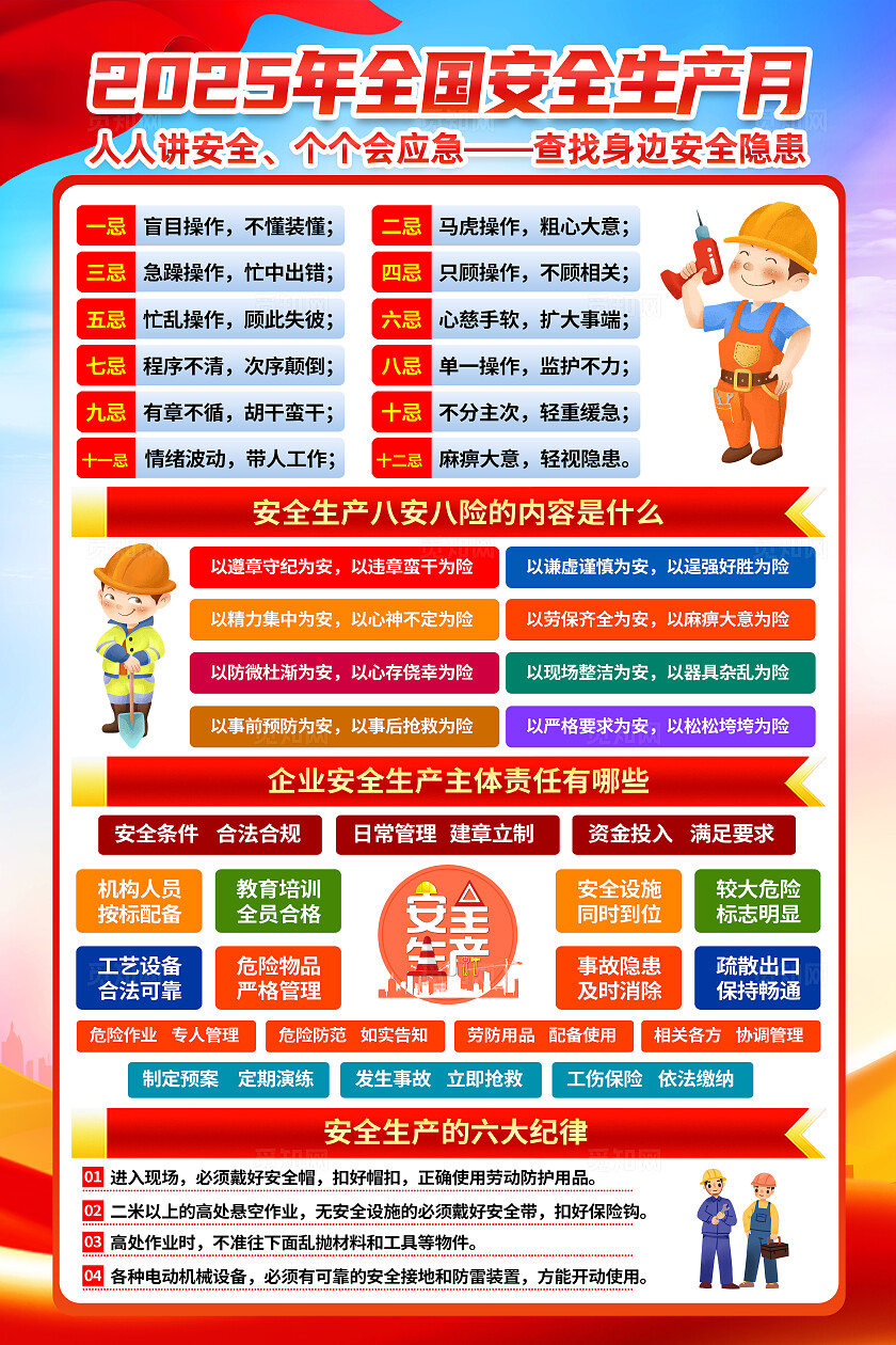 2025年全国安全生产月红色大气人人讲安全个个会应急全国安全生产月安全生产海报2025全国安全生产月