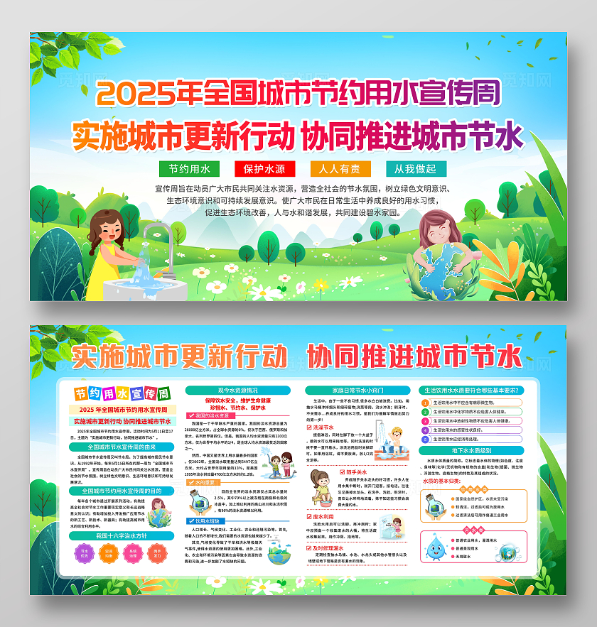 绿色清新简约风2025全国城市节水宣传周宣传栏展板设计模板全国城市节约用水宣传周