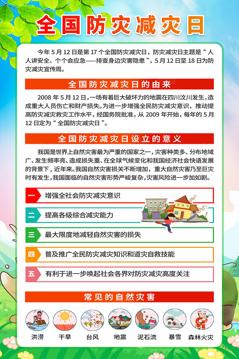 简单大气绿色防灾减灾人人讲安全个个会应急宣传海报