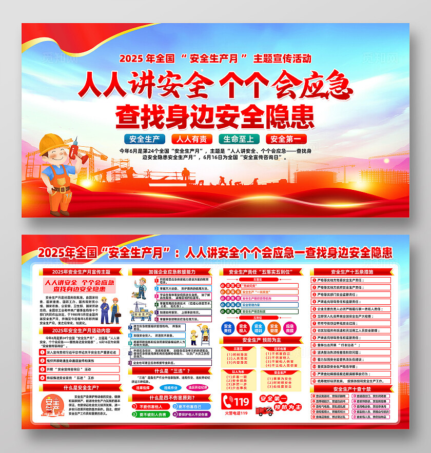 2025年全国安全生产月红色简约人人讲安全个个会应急查找身边安全隐患安全生产月展板2025全国安全生产月