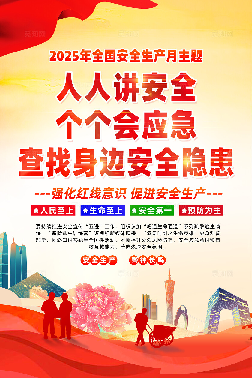 2025年全国安全生产月红色简约人人讲安全个个会应急查找身边安全隐患安全生产月海报2025全国安全生产月