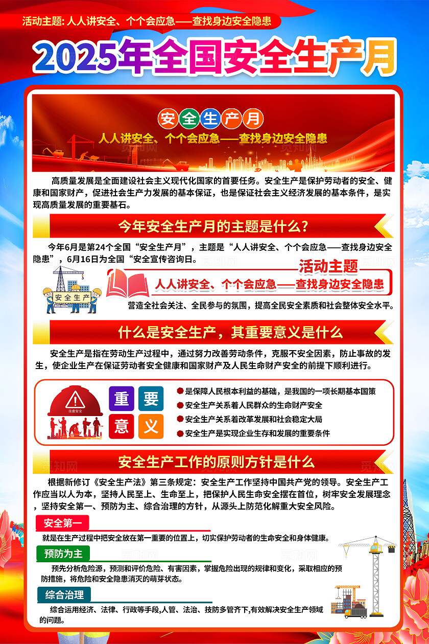 2025年全国安全生产月红色简约人人讲安全个个会应急查找身边安全隐患安全生产月海报2025全国安全生产月