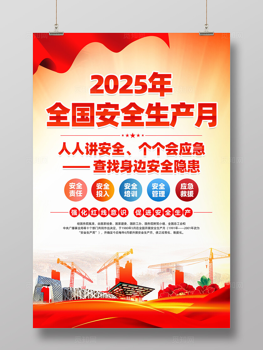 2025年全国安全生产月红色简约人人讲安全个个会应急查找身边安全隐患安全生产月海报2025全国安全生产月