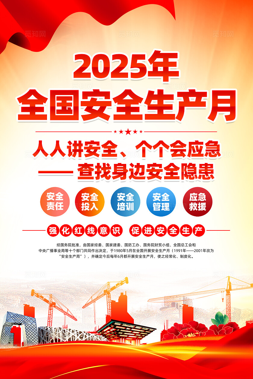 2025年全国安全生产月红色简约人人讲安全个个会应急查找身边安全隐患安全生产月海报2025全国安全生产月