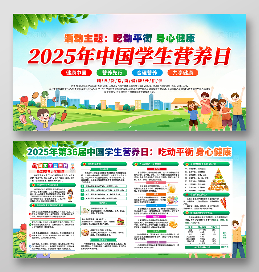 绿色清新简约风2025年中国学生营养日宣传栏展板设计模板