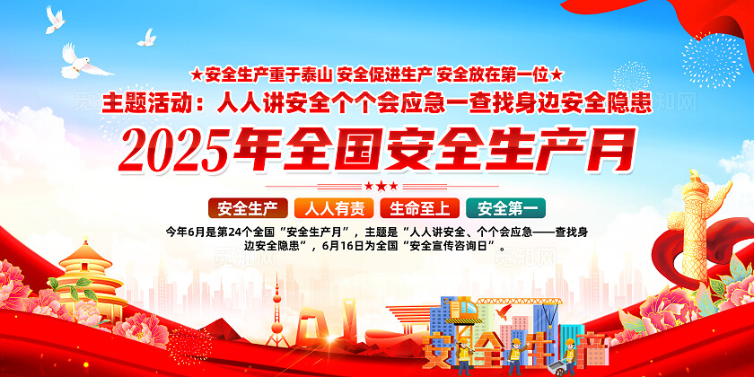 2025年全国安全生产月红色卡通人人讲安全个个会应急查找身边安全隐患安全生产展板2025全国安全生产月