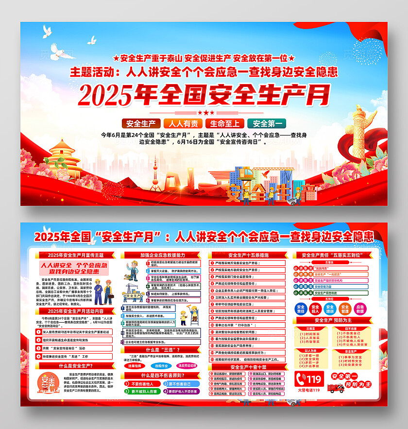 2025年全国安全生产月红色卡通人人讲安全个个会应急查找身边安全隐患安全生产展板2025全国安全生产月