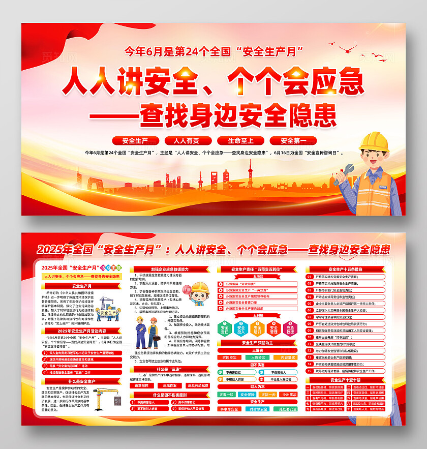 2025年全国安全生产月红色简约人人讲安全查找身边安全隐患安全生产月展板2025全国安全生产月