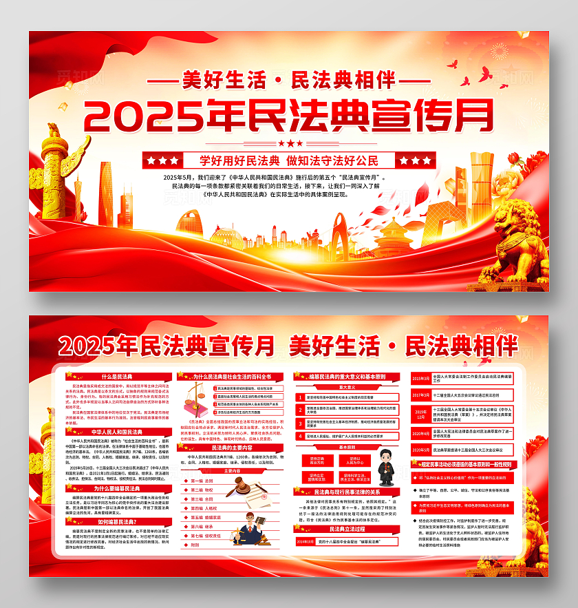 红色大气简约风2025年民法典宣传月宣传栏展板设计模板