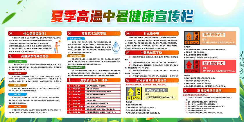 绿色卡通夏季预防中暑健康教育夏天防暑宣传栏常规夏天夏季健康宣传