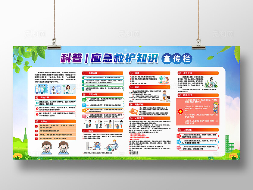 蓝色简约普及应急救护知识宣传栏夏天防暑展板常规