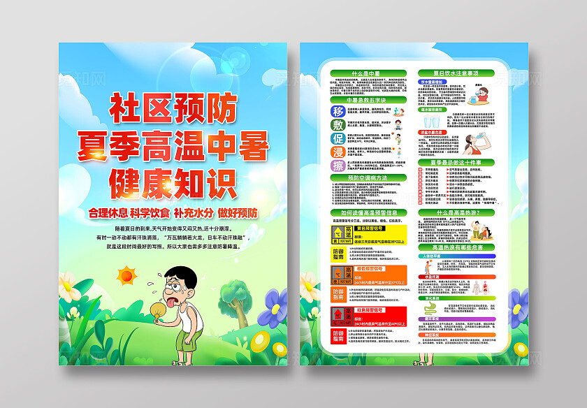 绿色卡通社区预防夏季高温中暑健康知识夏天防暑宣传单常规夏天夏季健康宣传