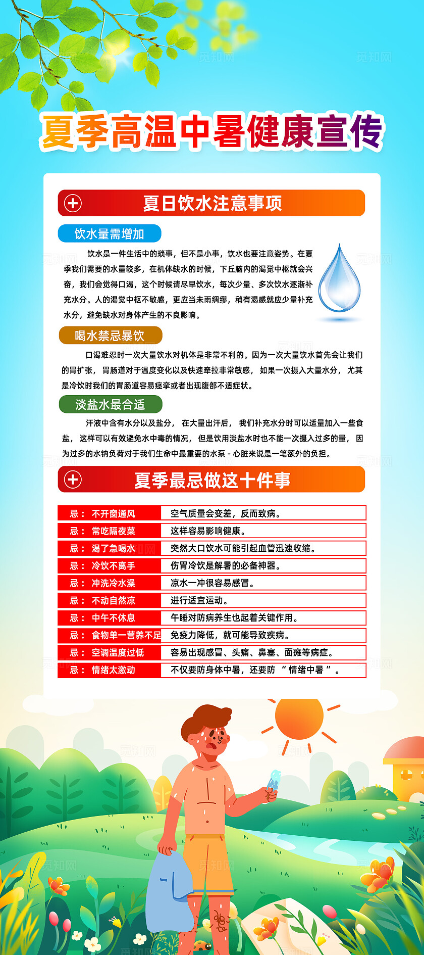 绿色卡通预防夏季高温中暑夏天防暑展架常规