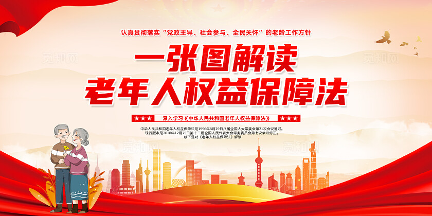 红色简约一张图了解老年人权益保护法养老院宣传栏常规