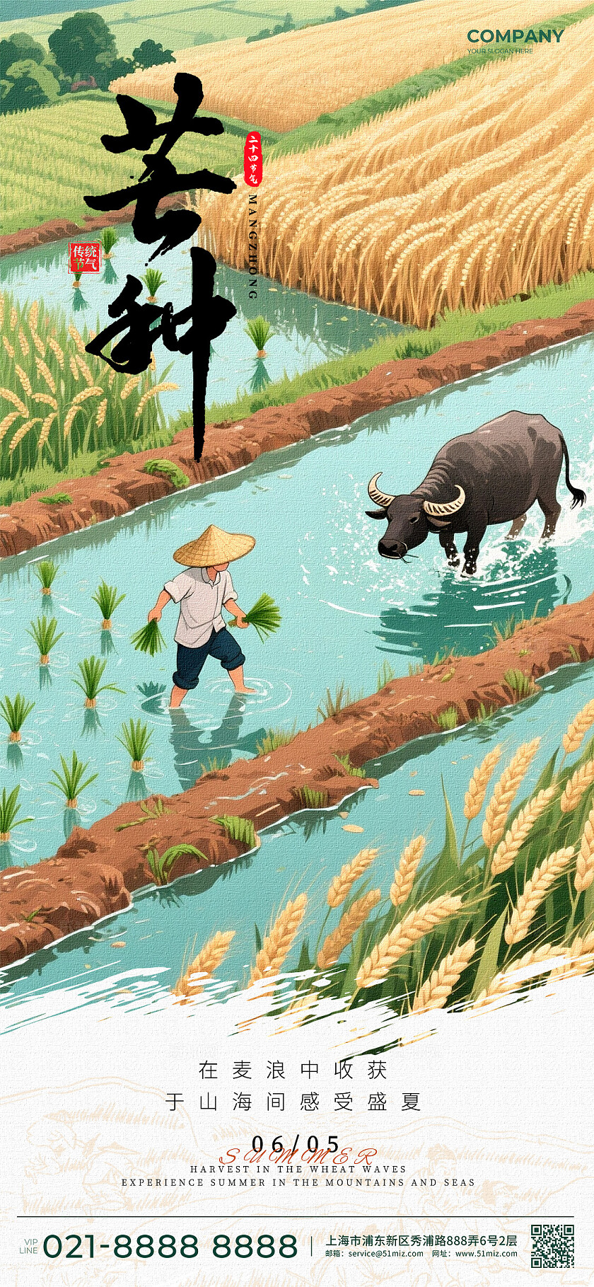 黄色插画芒种节气海报