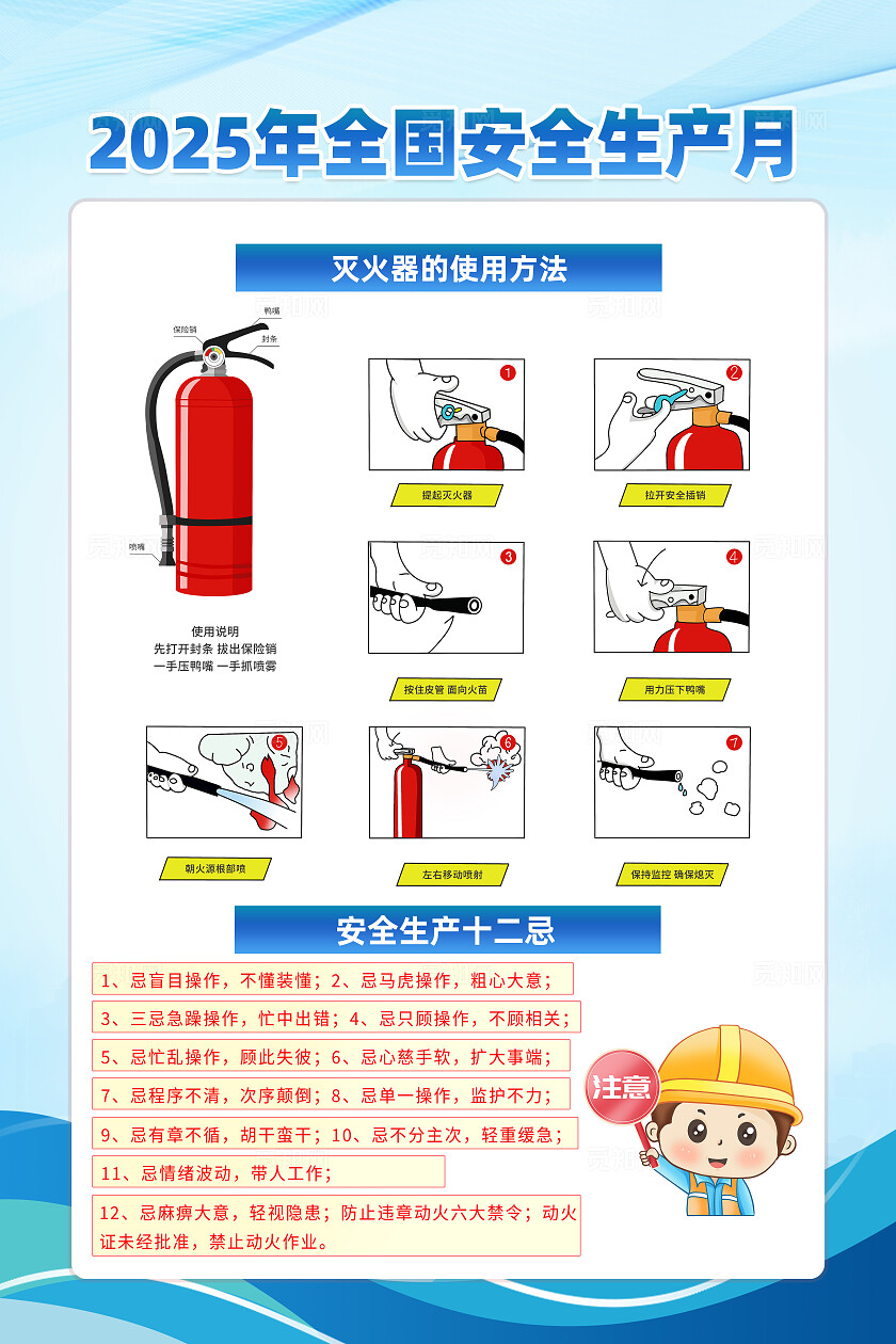 蓝色卡通人人讲安全个个会应急查找身边安全隐患安全生产月海报2025全国安全生产月