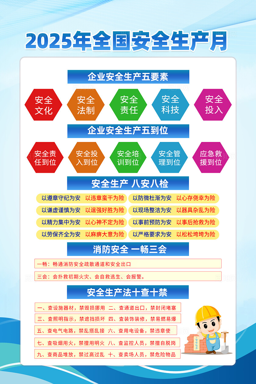 蓝色卡通人人讲安全个个会应急查找身边安全隐患安全生产月海报2025全国安全生产月