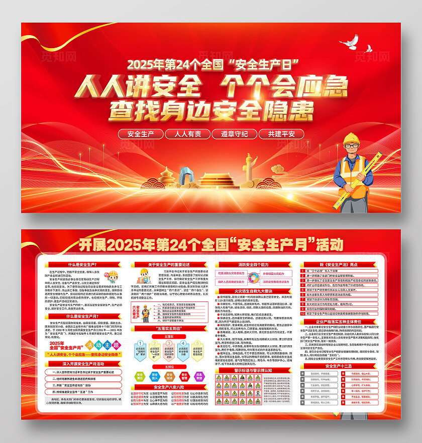 红色简约人人讲安全个个会应急查找身边安全隐患安全生产月展板2025全国安全生产月