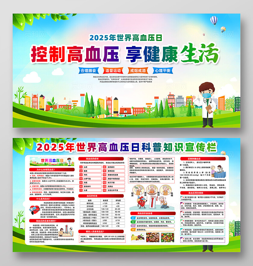 绿色卡通控制高血压享健康生活2025年世界高血压日展板常规