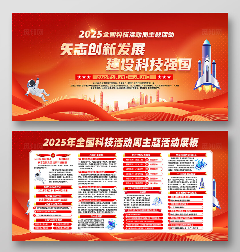 红色简约科技活动周矢志创新发展建设科技强国2025年全国科技活动宣传周展板常规