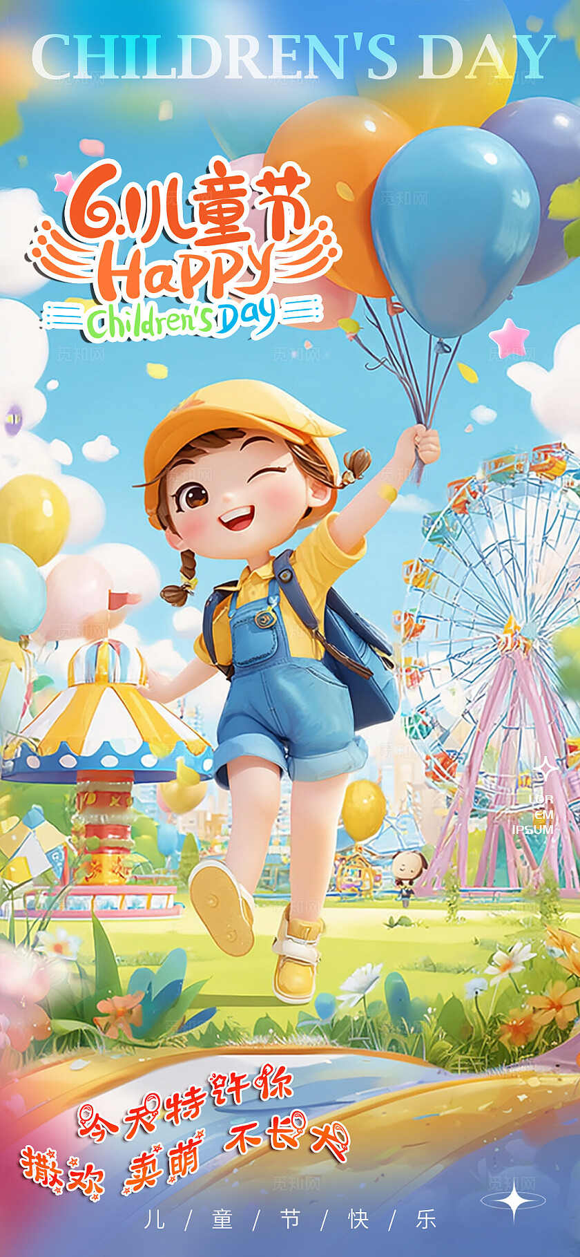 多巴胺彩色卡通六一儿童节宣传海报