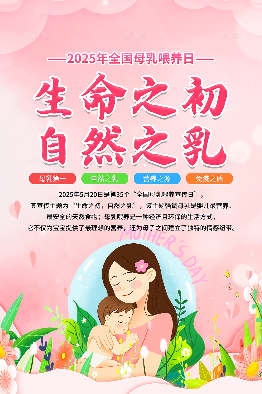 粉色温馨插画风2025年全国母乳喂养宣传日知识套图海报设计模板全国母乳喂养日宣传栏