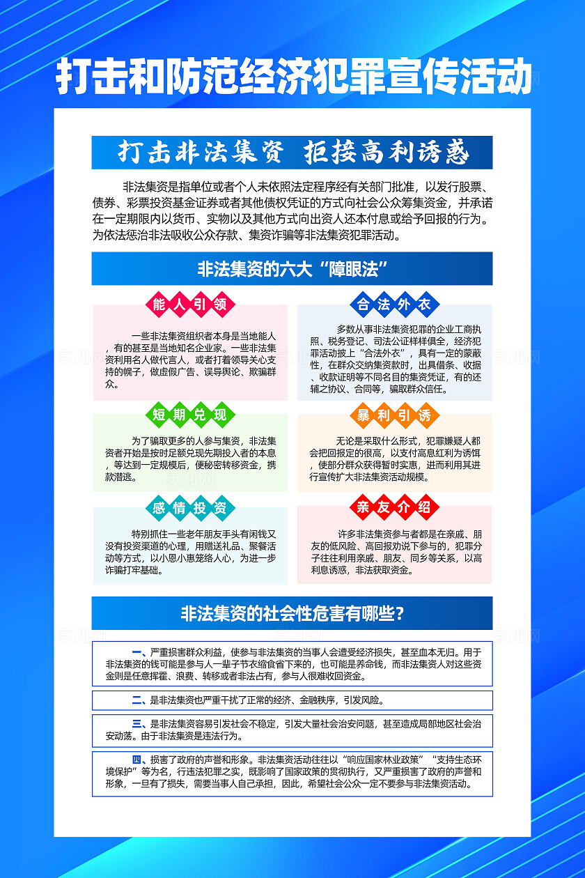 蓝色简约打击和防范经济犯罪宣传活动非法集资海报防诈骗反诈骗