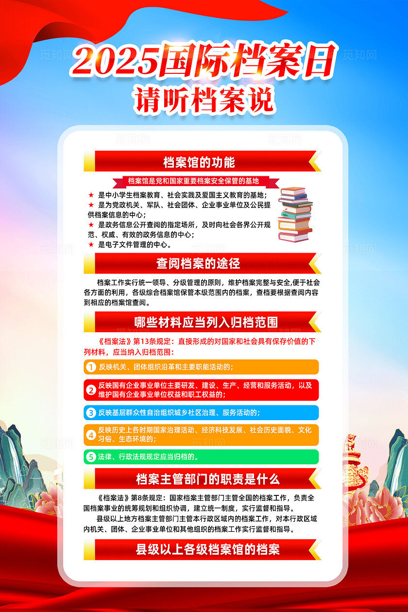 红色简约请听档案说国际档案日海报常规