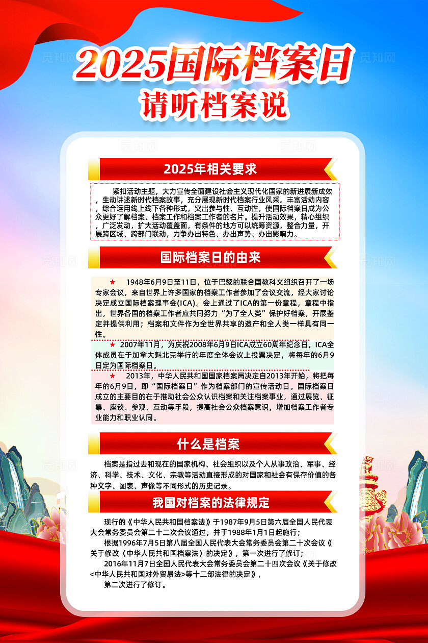 红色简约请听档案说国际档案日海报常规