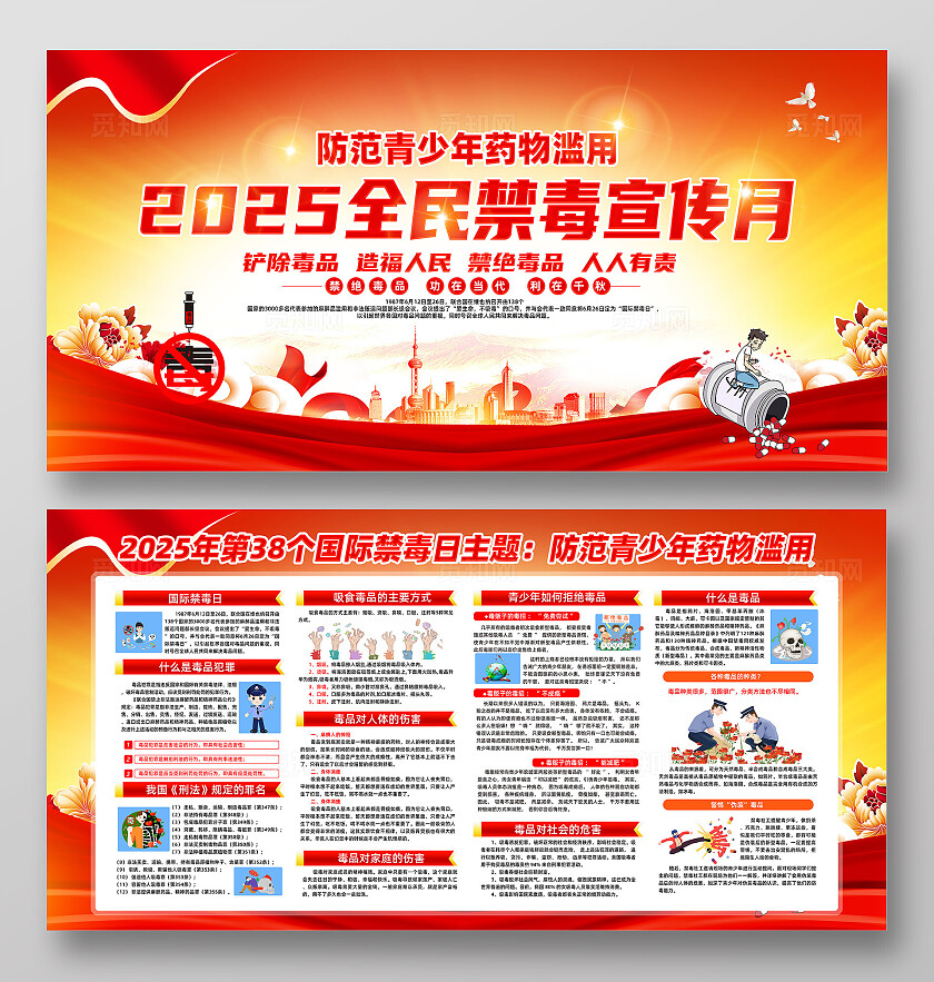 红色简约2025全民禁毒宣传月国际禁毒日展板常规