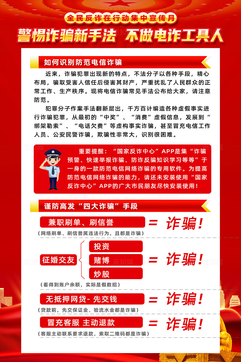 2025全民反诈集中宣传月红色简约警惕诈骗新手法防诈骗反诈骗诈骗海报常规