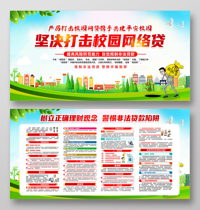 2025全民反诈集中宣传月绿色简约坚决打击校园网络贷防诈骗展板常规