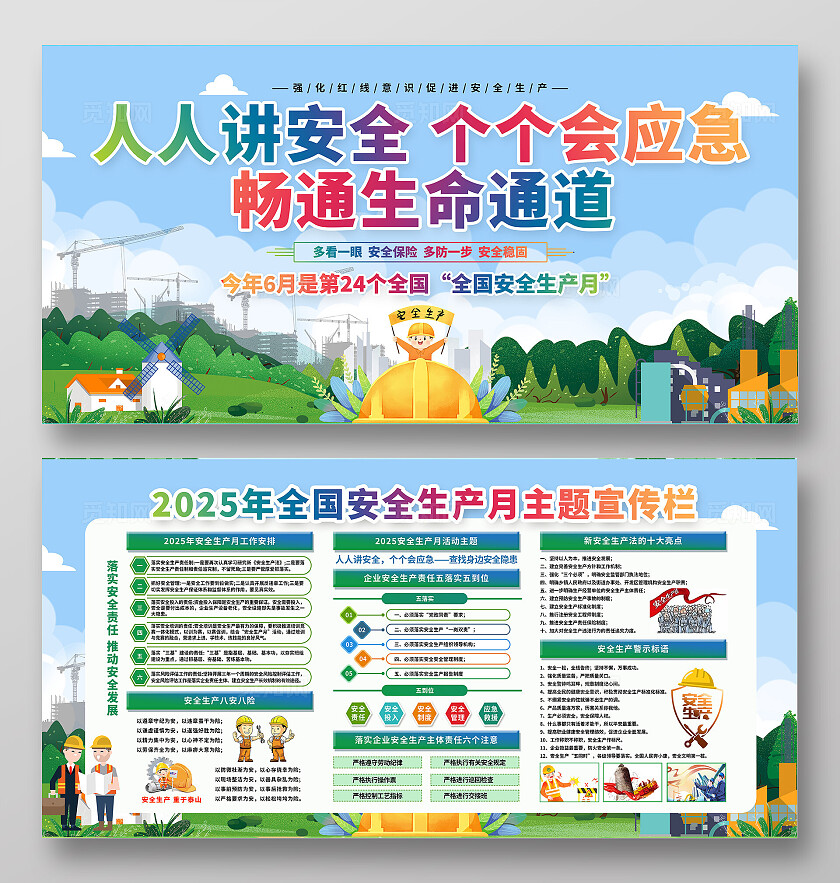 绿色清新简约风2025年全国安全生产月宣传栏展板设计模板