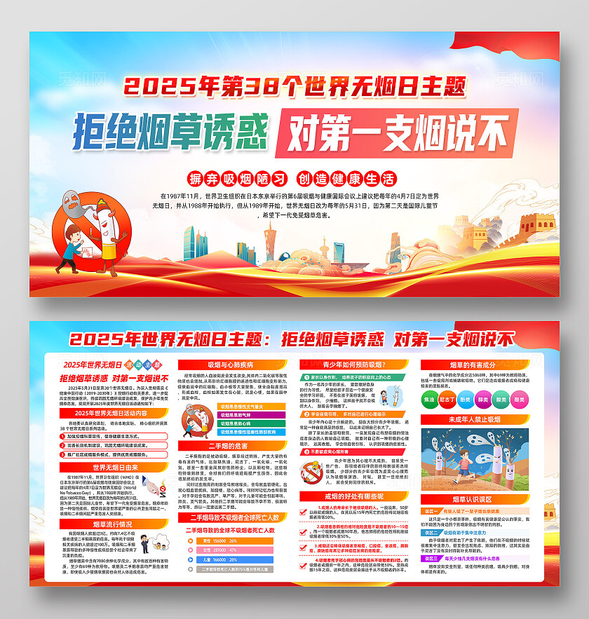 红色简约拒绝烟草诱惑对第一支烟说不世界无烟日展板常规