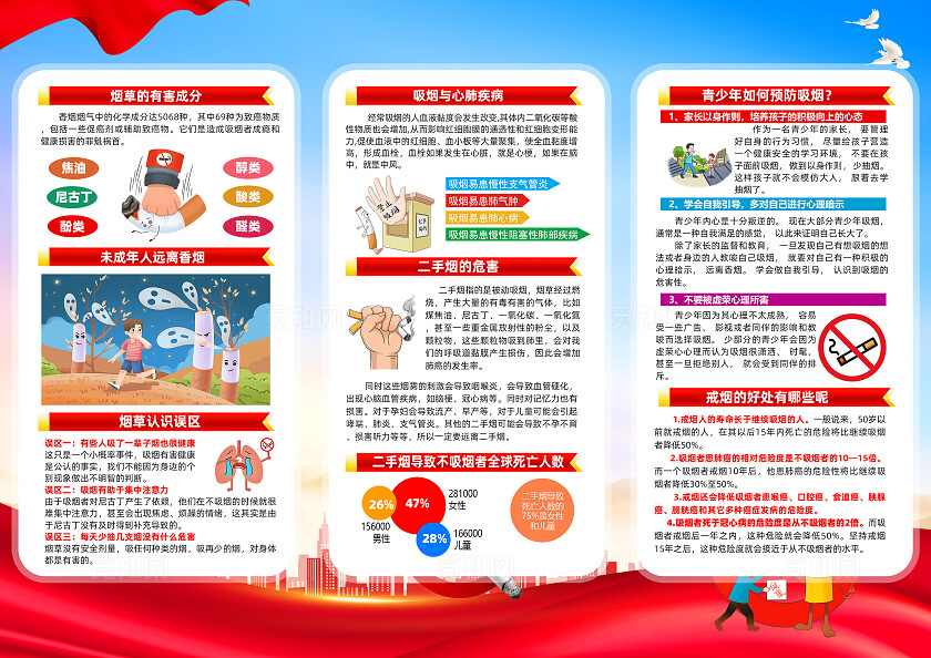 红色简约拒绝烟草诱惑对第一支烟说不2025年世界无烟日三折页常规