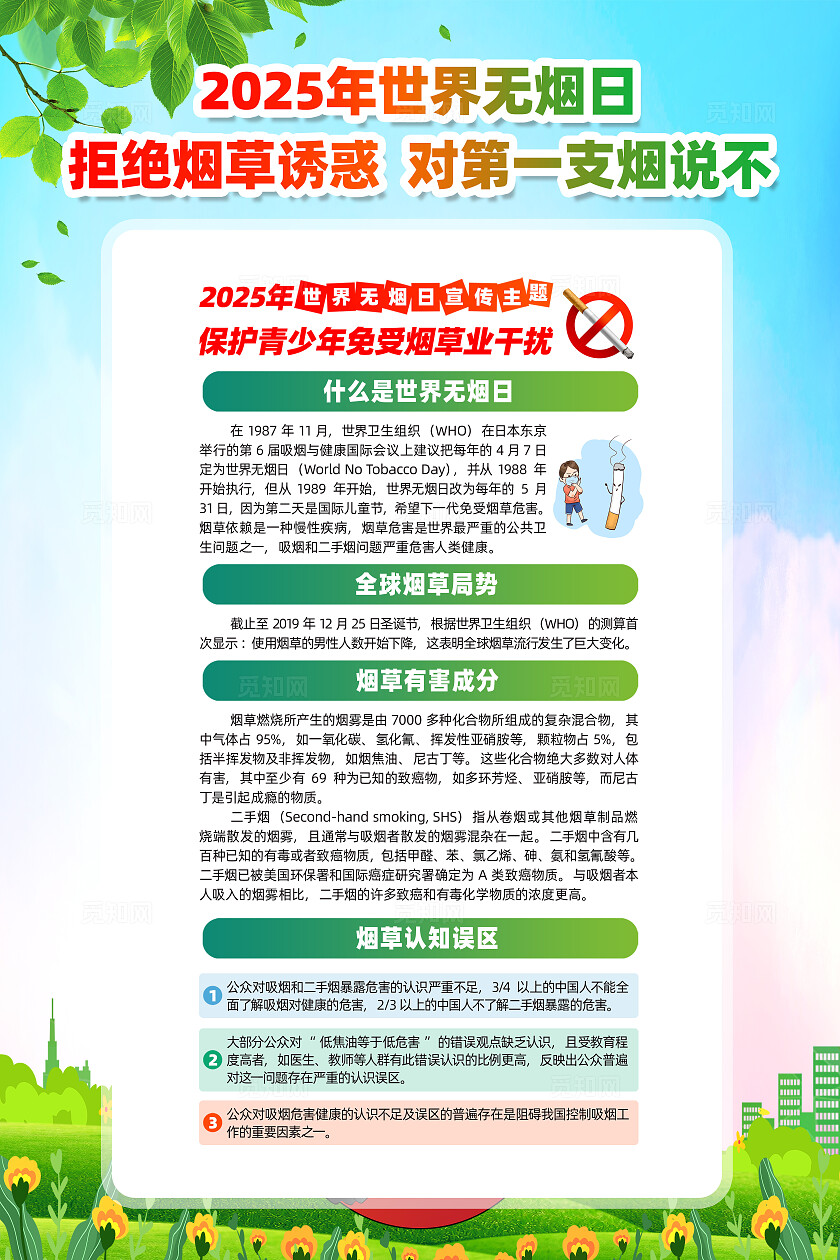 绿色简约拒绝烟草诱惑对第一支烟说不2025年世界无烟日海报常规