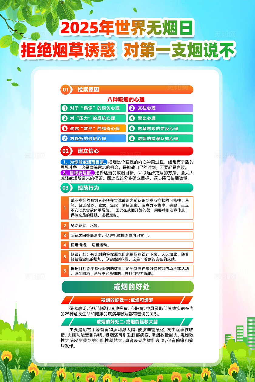 绿色简约拒绝烟草诱惑对第一支烟说不2025年世界无烟日海报常规