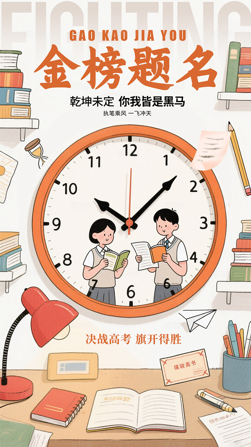 卡其色插画风格金榜题名高考加油宣传海报高考加油海报高考加油