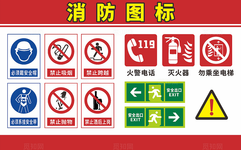 消防图标必须戴安全帽禁止吸烟禁止跨越火警电话灭火器勿乘坐电梯安全标识