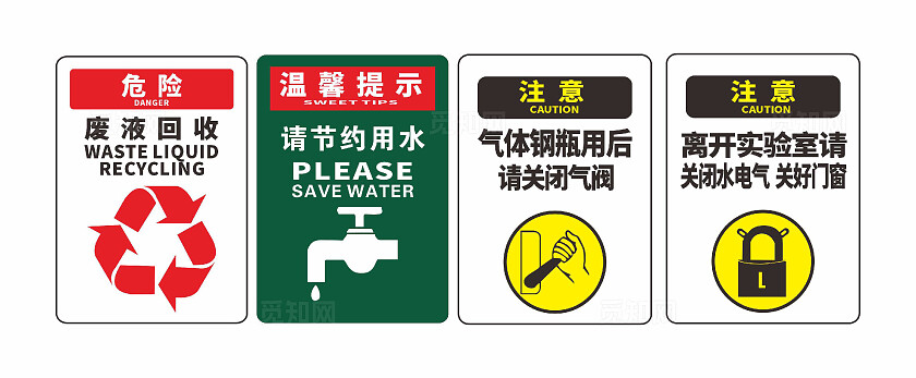 危险废液回收温馨提示请节约用水注意气体钢瓶用后请关闭气阀注安全标识