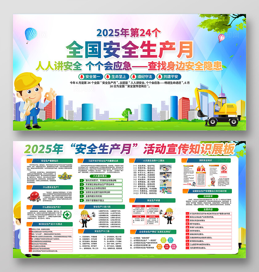 绿色清新简约风2025年全国安全生产月宣传栏展板设计模板