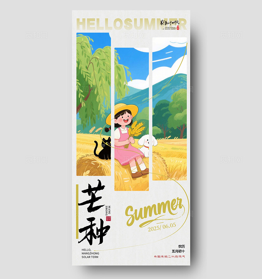 灰色插画风格芒种芒种宣传海报芒种海报芒种节气海报节气海报