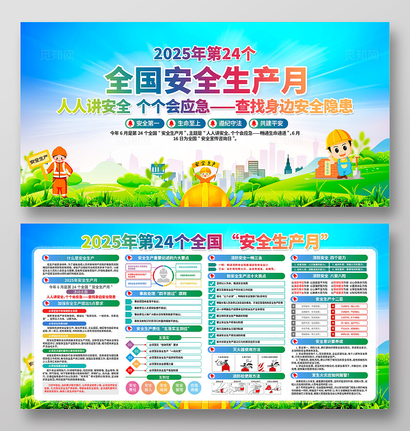 绿色清新简约风2025年全国安全生产月宣传栏展板设计模板