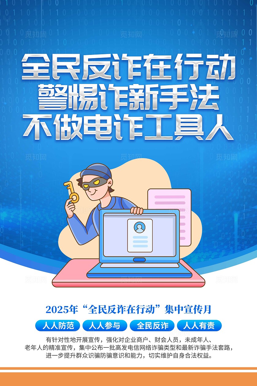 2025年蓝色卡通全民反诈在行动宣传套图全民反诈集中宣传月