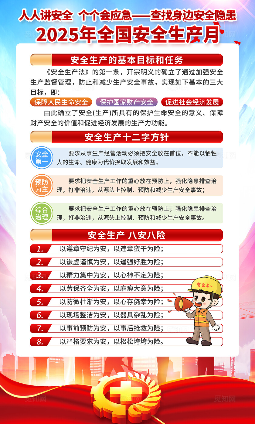 红色渐变简约风2025年全国安全生产月宣传套图海报设计模板