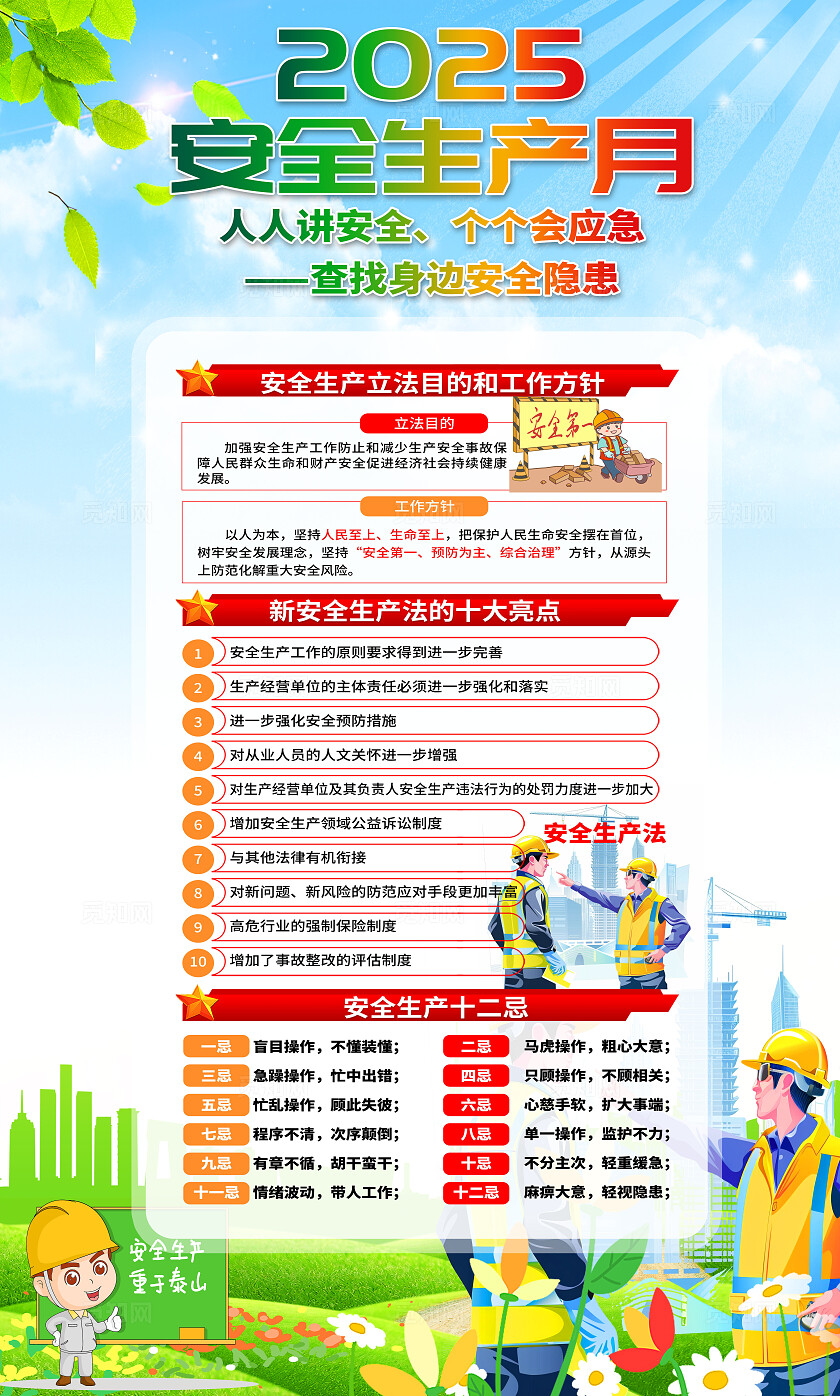 绿色清新插画风2025年全国安全生产月宣传套图海报设计模板